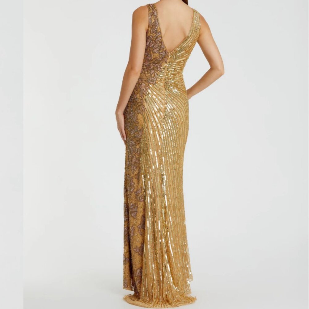 Mac Duggal Gold Beaded Floral Sleeveless Gown Color: Gold Size 6 New With Tags - Picture 3 of 3